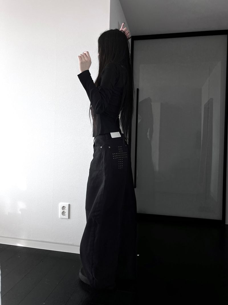 back pocket cross stud wide denim (fleece-lined / 2color)