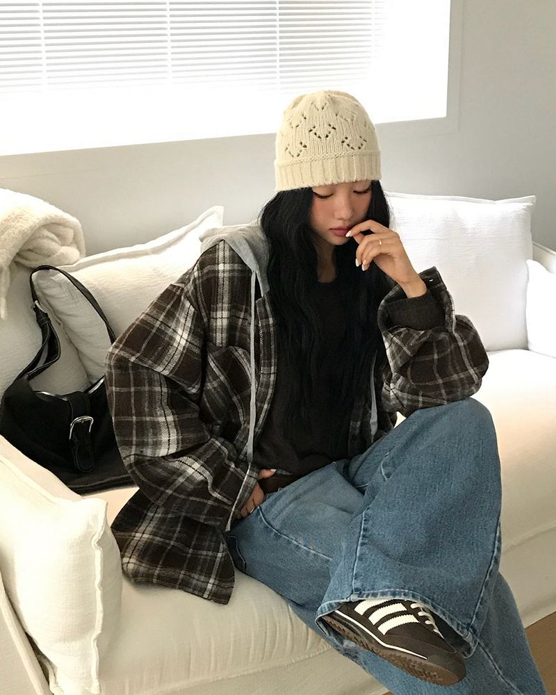 [ORIGINAL] Plain Hooded Check Shirt
