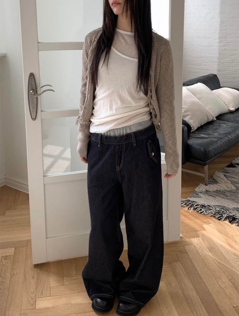 Layered banding denim pants