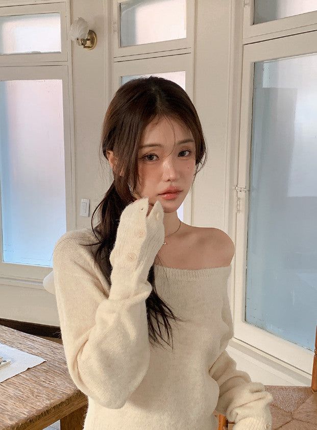 Wool Sleeve Button One Shoulder Knit (4color)