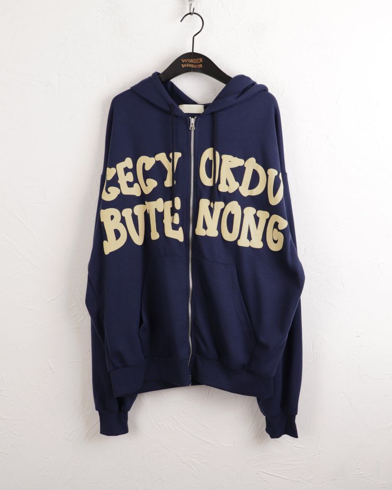 Before overfit lettering two-way hooded zip-up