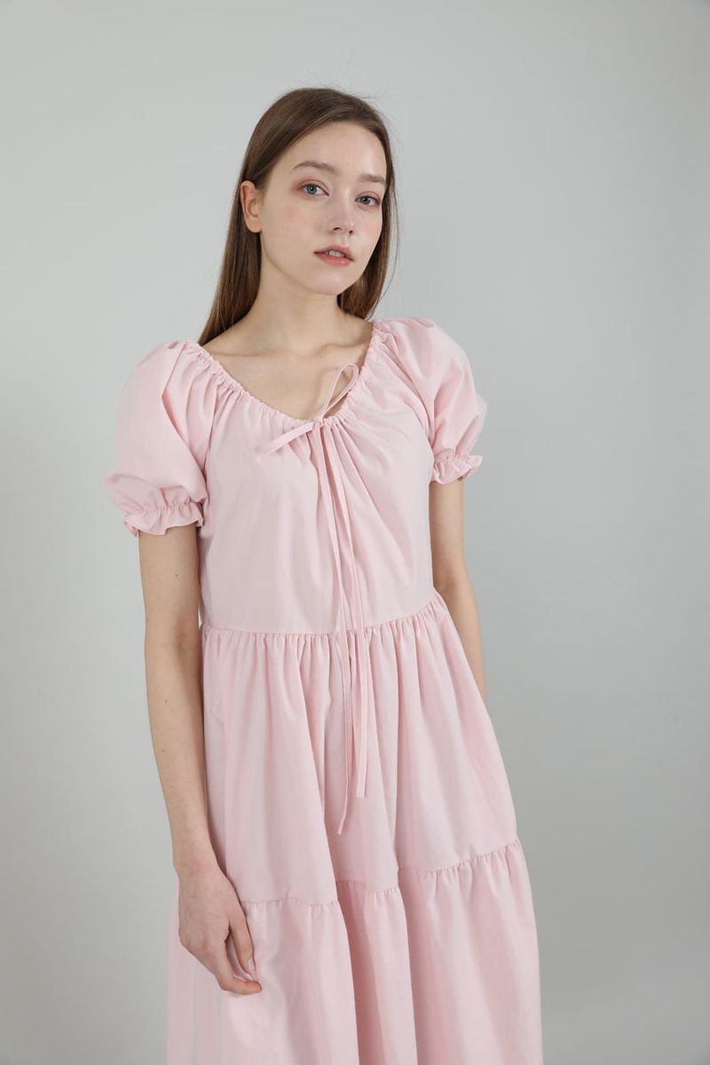 Romantic Shirring Long Onepiece Pink