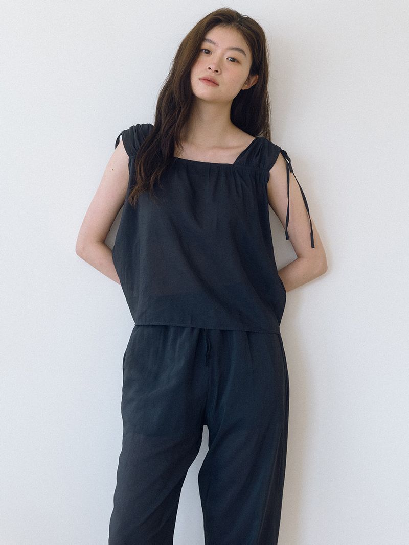 Strap Shirring Blouse - Charcoal