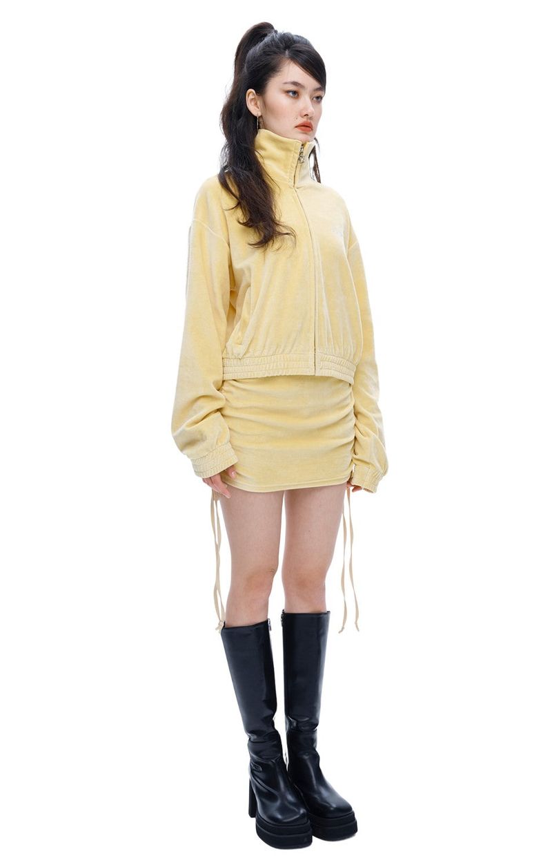[ISK004-13] VELOURS SHIRRING SKIRT YELLOW