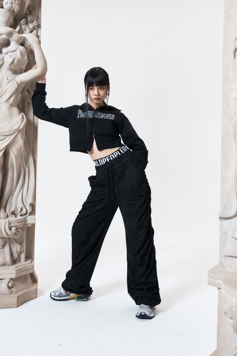 shirring wide banded pants (BLACK)