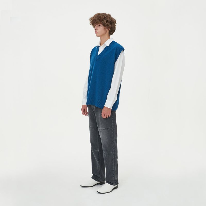LAMBSWOOL V NECK KNIT VEST_BLUE