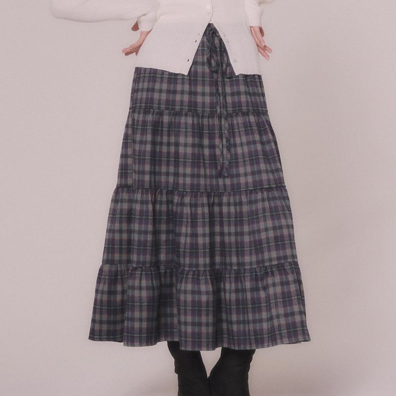 CHECK CANCAN LONG SKIRT (NAVY)