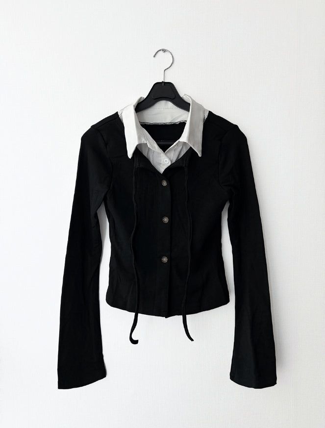 Crop Shirt Layered Cardigan SET