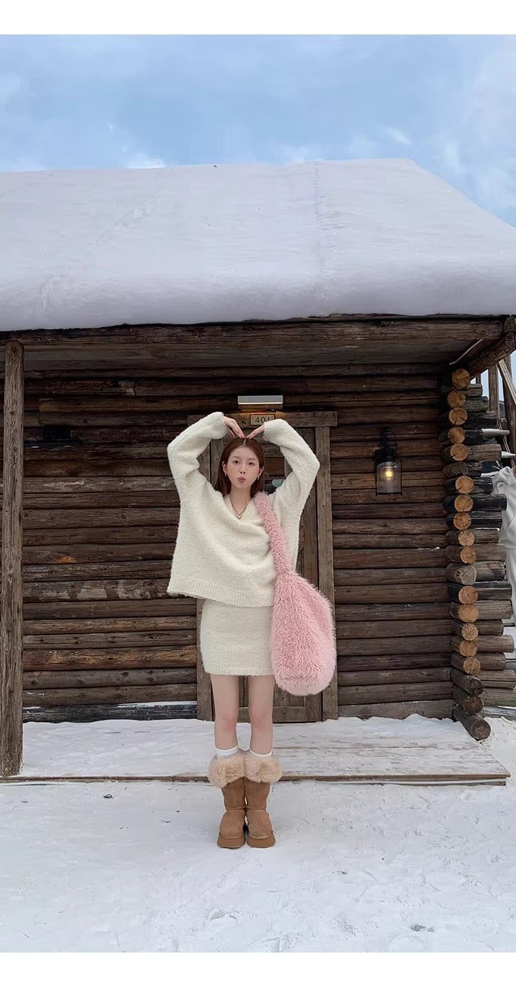 Cloud V-neck Knit Skirt Two-piece