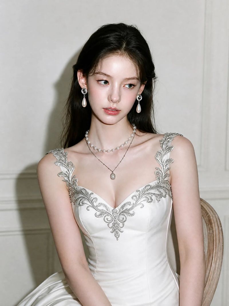 Ethnic Button and Long Pearl Earrings - Silver Color