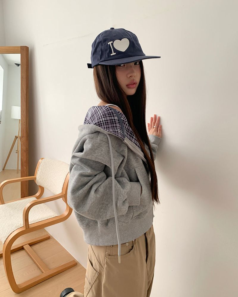 Mchi Check Color-Block Long Sleeve Hoodie Zip-Up