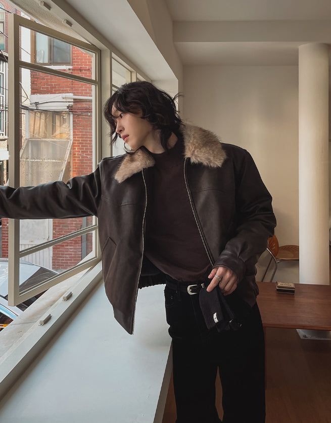 [premium] Frame Raccoon Collar Leather Jacket