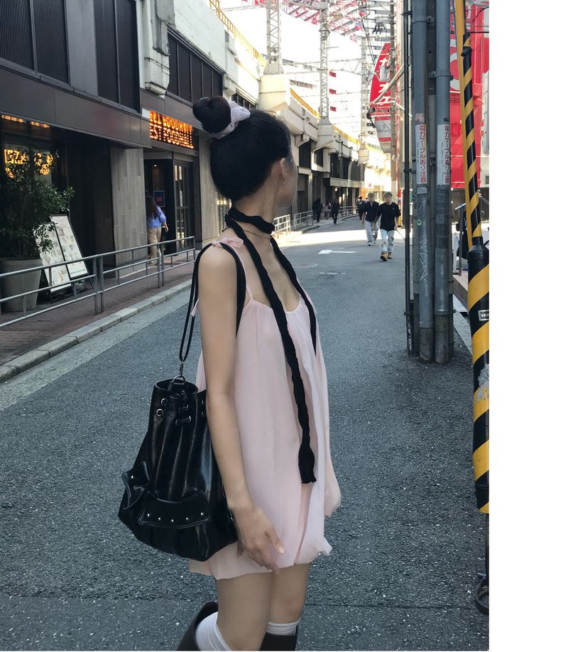 Peach Hug Ribbon Slip Pumkin Sleeveless Mini Dress