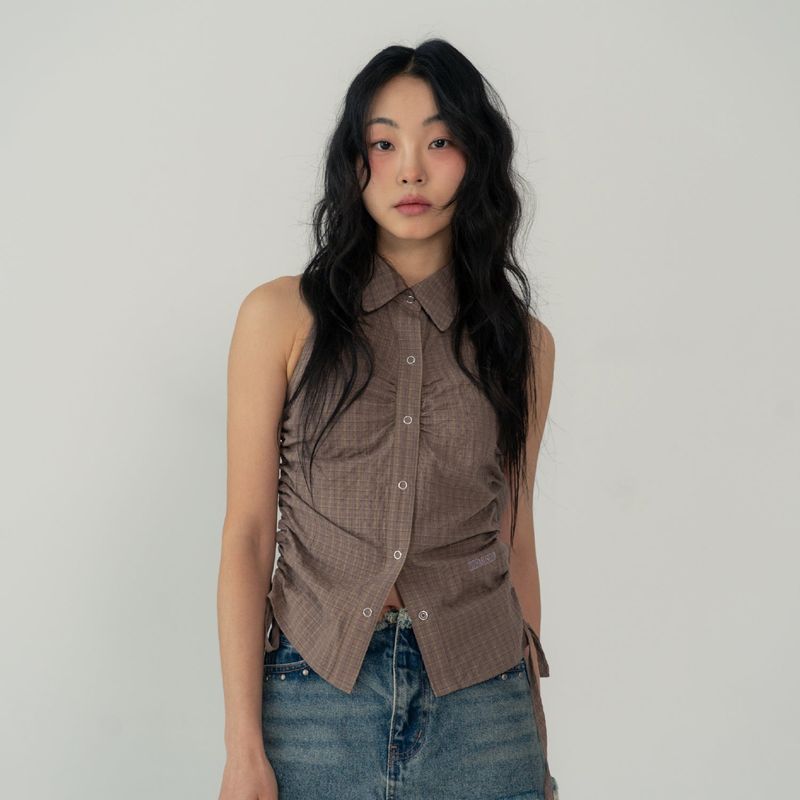 SLEEVLESS SHIRRING SHIRTS (PINK YELLOW)