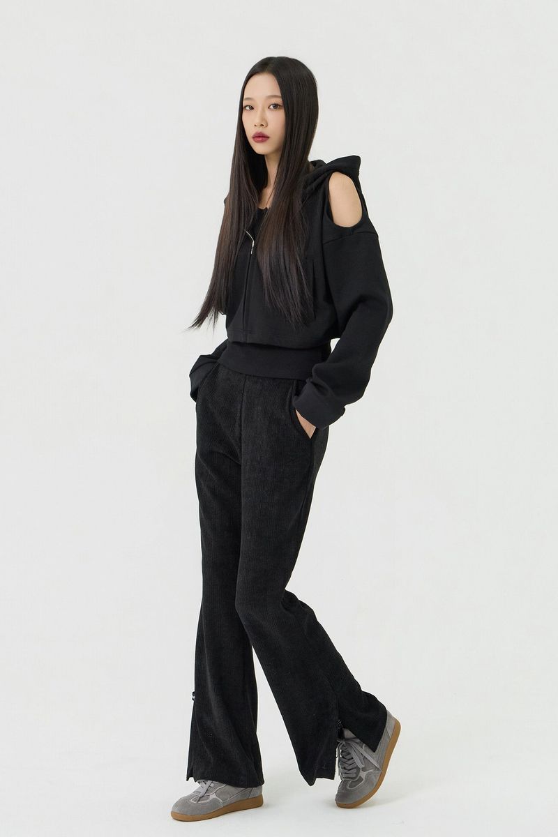 Shoulder Cutout Crop Hooded Zip-Up, Black