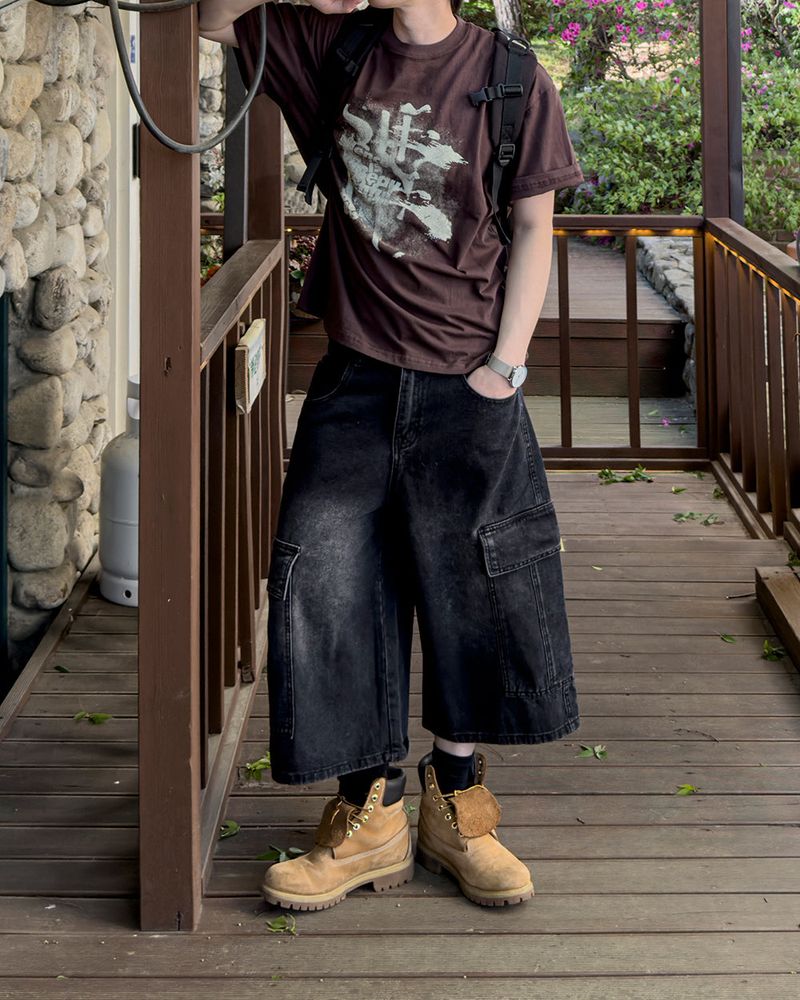 Kazen Washed Cargo Bermuda Denim Pants