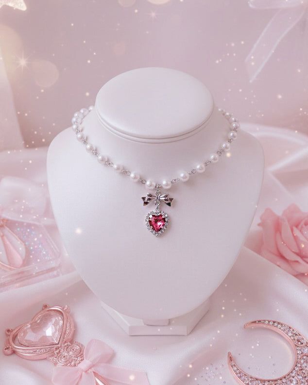 [ジェニーパーク Necklace] ローズピンクハートアンドリボン パールチョーカーネックレス