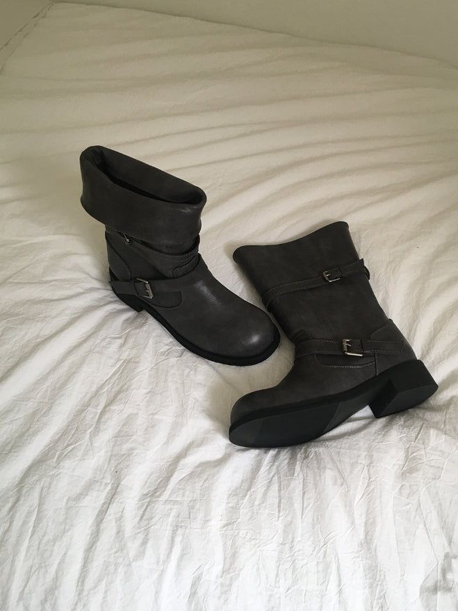 Two-Buckle Shirred Biker Boots