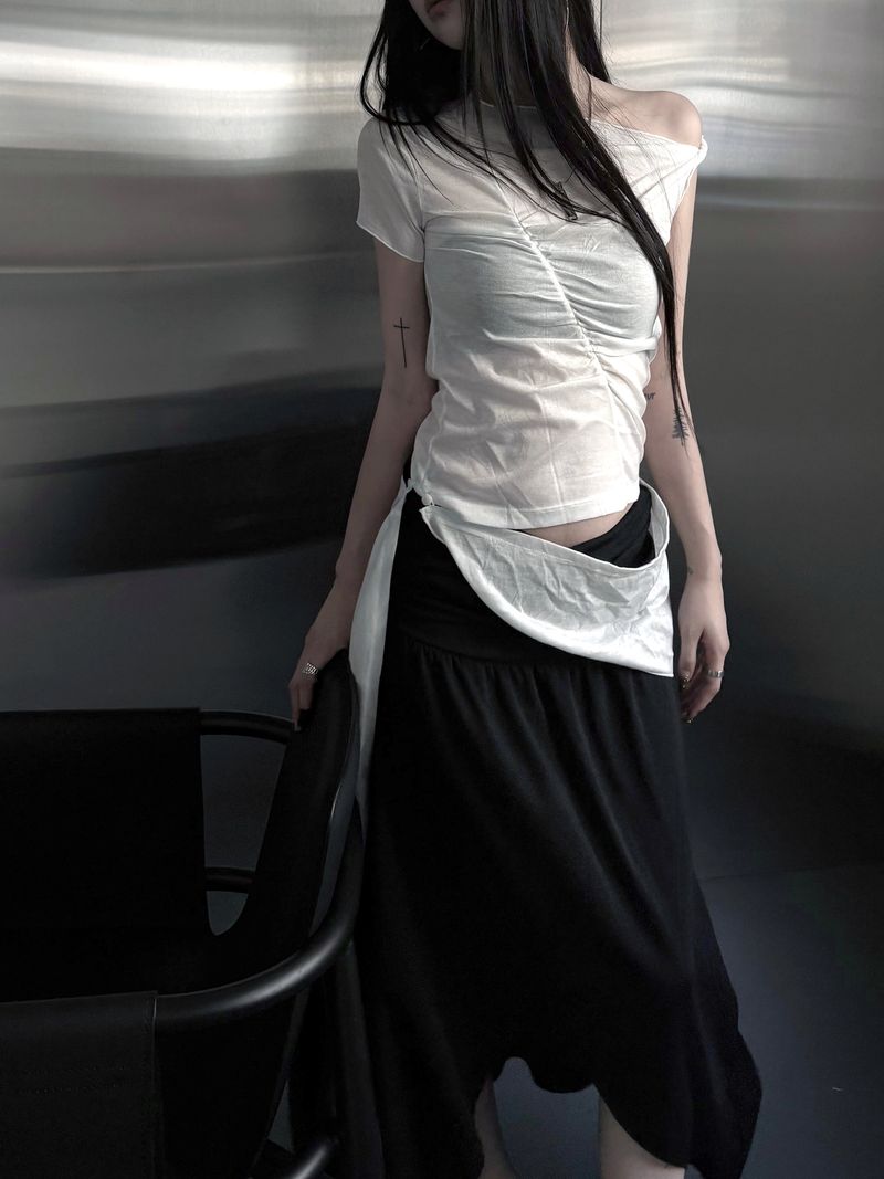 one-shoulder wrap set top (2color)