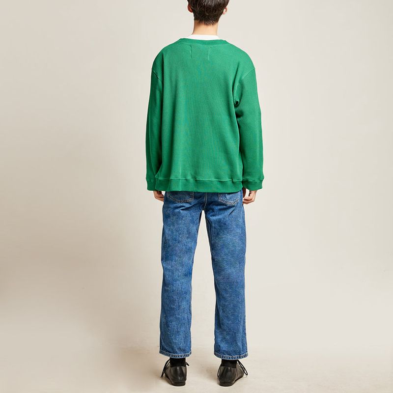 DAMP ROUND-NECK WAFFLE CARDIGAN_GREEN