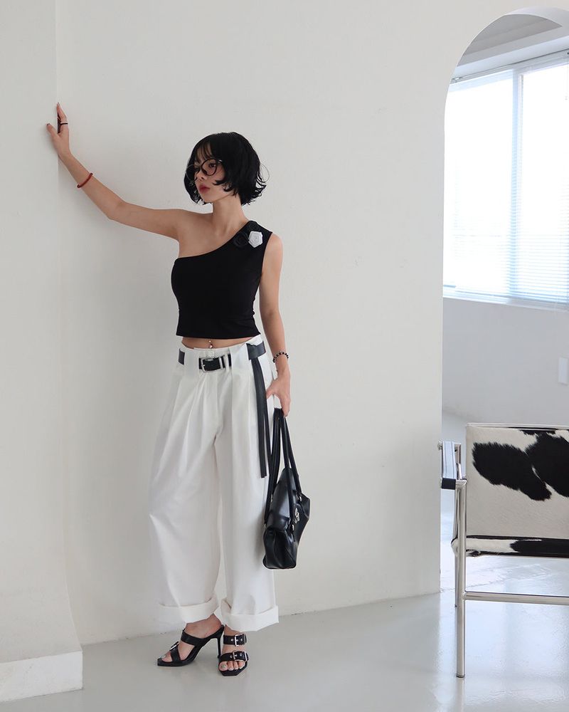 Rose Cosage 3ps Detachable Unbalanced Shoulder Sleeveless