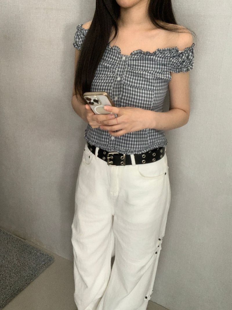 Aaron Check Off-Shoulder Ruffle Blouse 