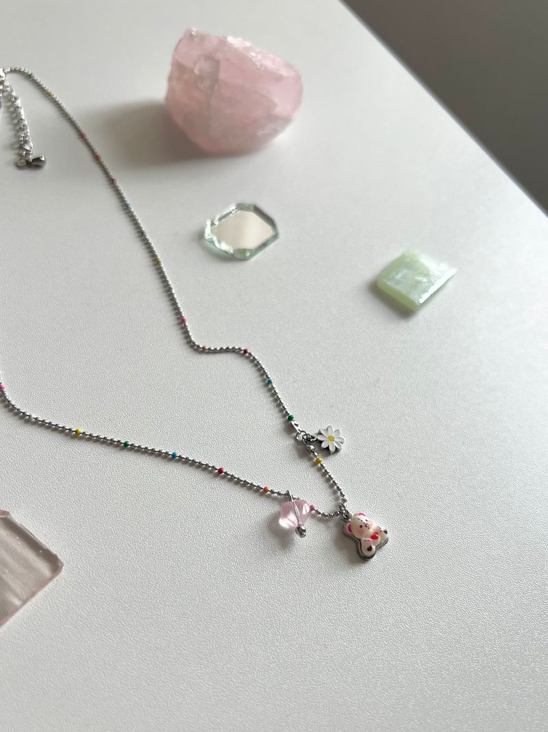 gom kitsch color beads daisy bear layered necklace