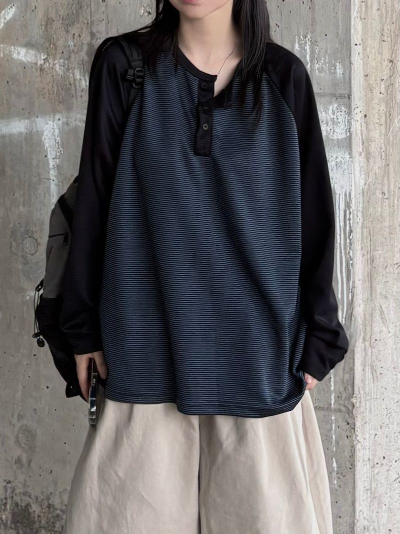 PEARCLAN（ペアクラン）の「raglan striped henley neck long sleeve t-shirt（Tops）」