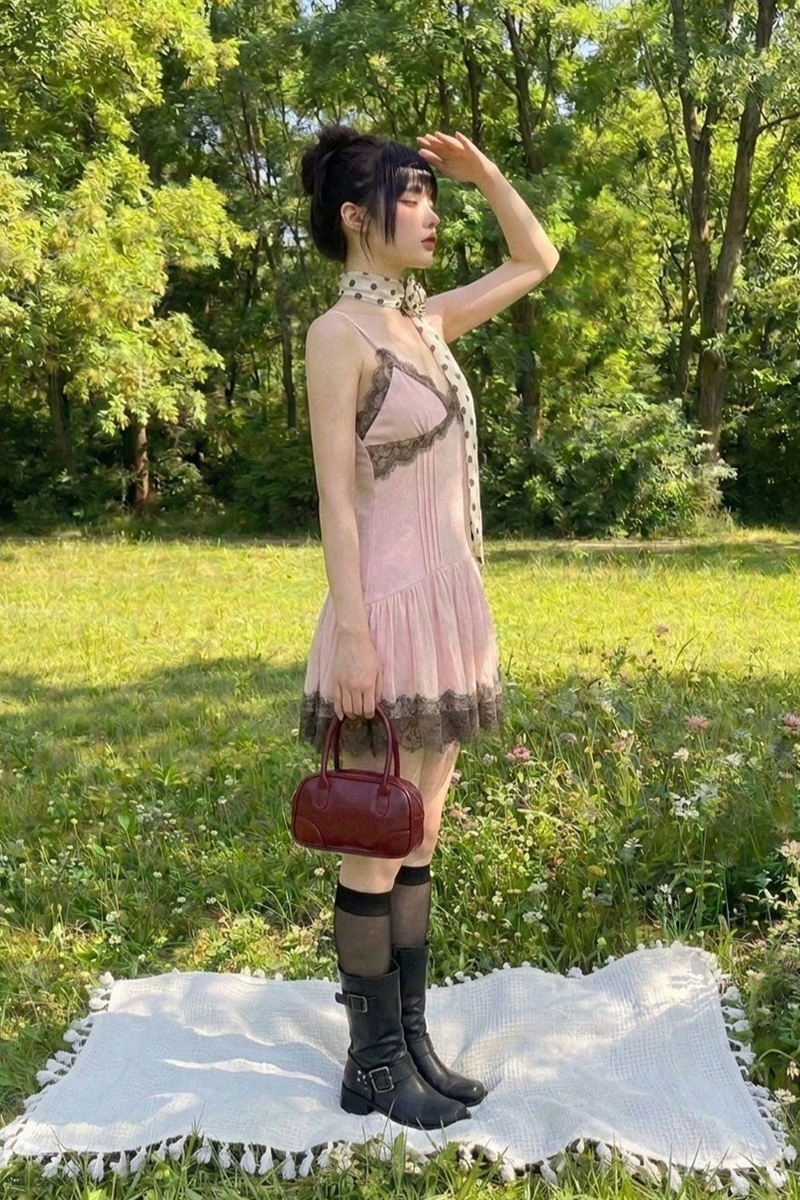 PINKBOM BLUSH LACE MINI DRESS