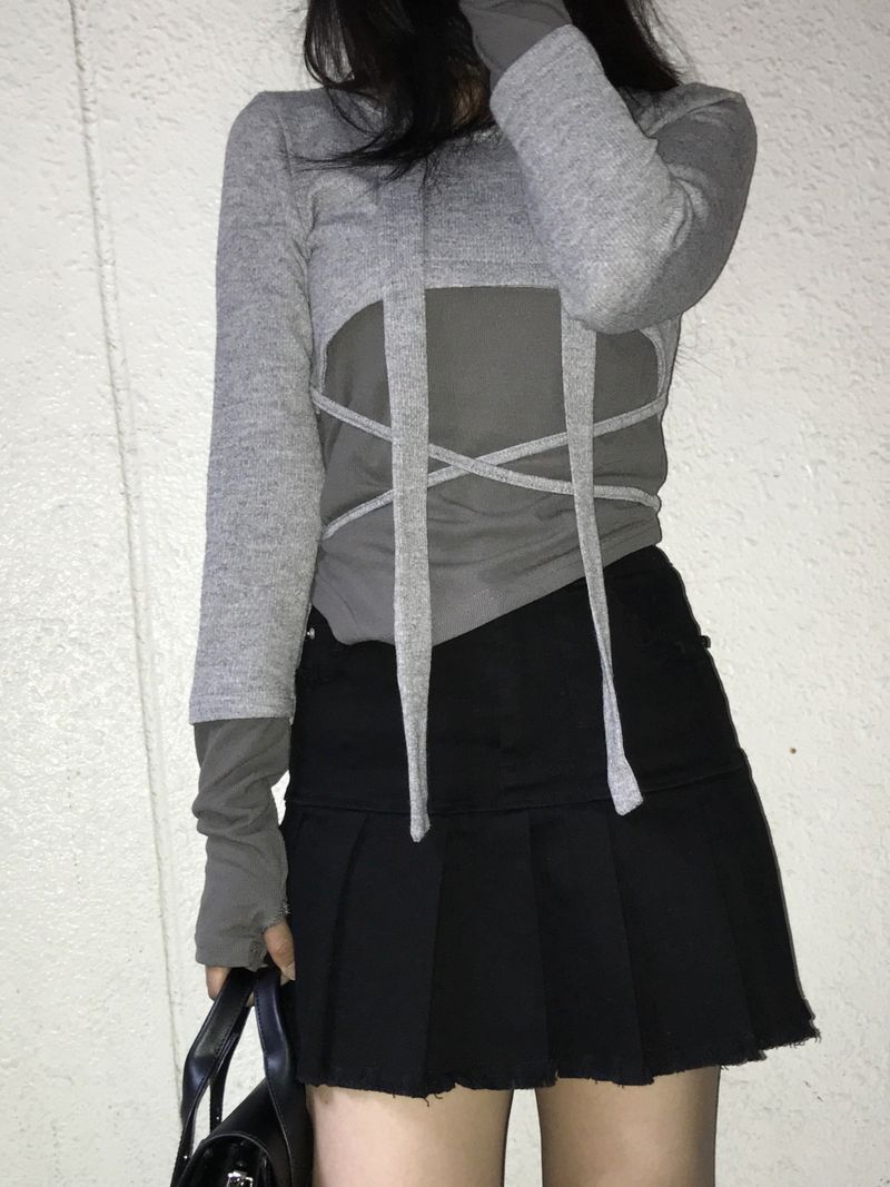 High-Waist Cutting Damage Pleated Skirt
