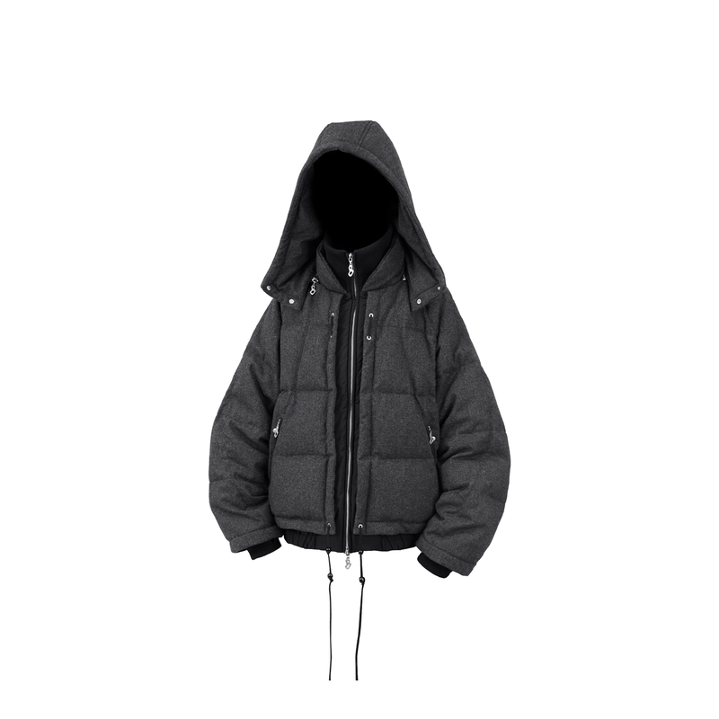 RELABEL Interactive (Layered) Multi-Panel Imported Australian Wool Patchwork Detachable Hood Down Jacket