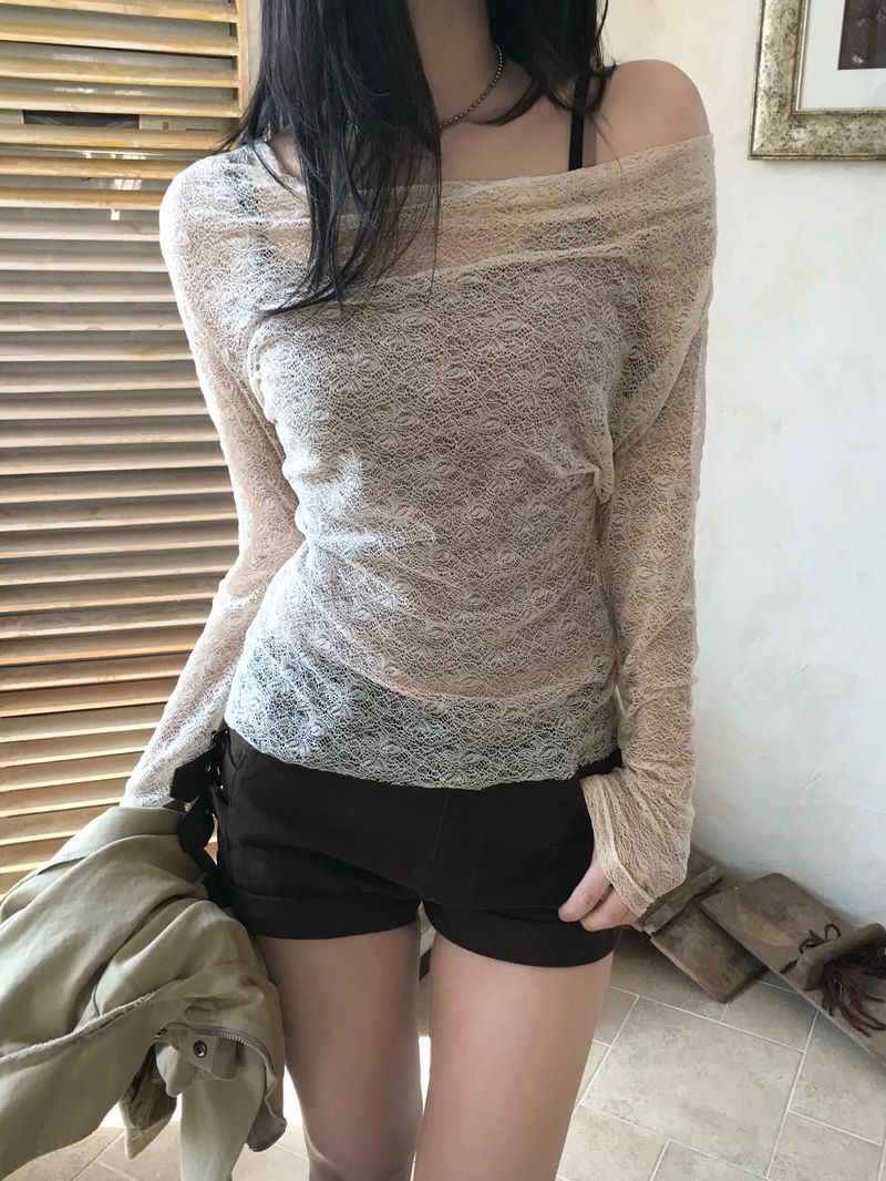 Sandmarine Drape See-through Lace Slim Tee&Sleeveless SET