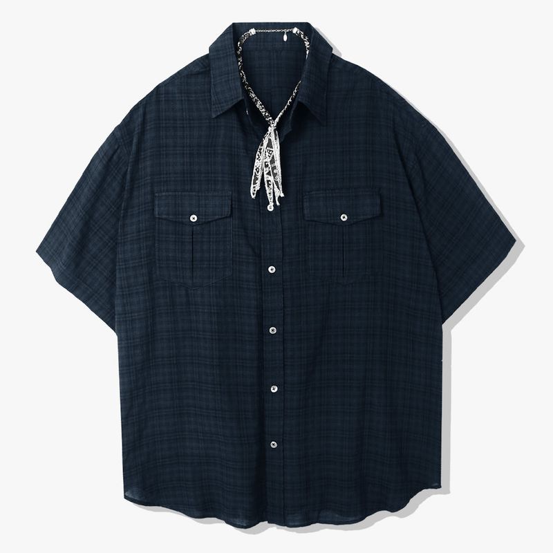 S SY（エスエスワイ）の「[bandana necklace set] washed check linen 2 pocket half shirt navy（Tops）」