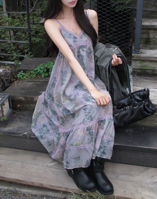 Misty Mauve Flower Chiffon Long One Piece
