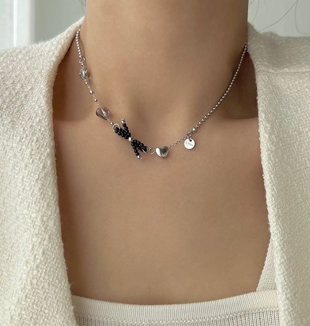 bru Ballet Core Stainless Steel Titanium Ribbon Black Beads Heart Short Layered Necklace