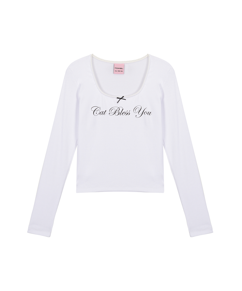 ITZAVIBE（イッザバイブ）の「キャットブレスリボン長袖Tシャツ - WHITE（トップス）」