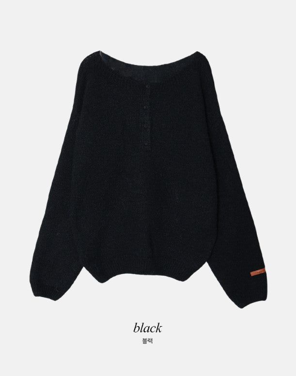 Amelie Leather Patch Henry Neck Knit (5color)