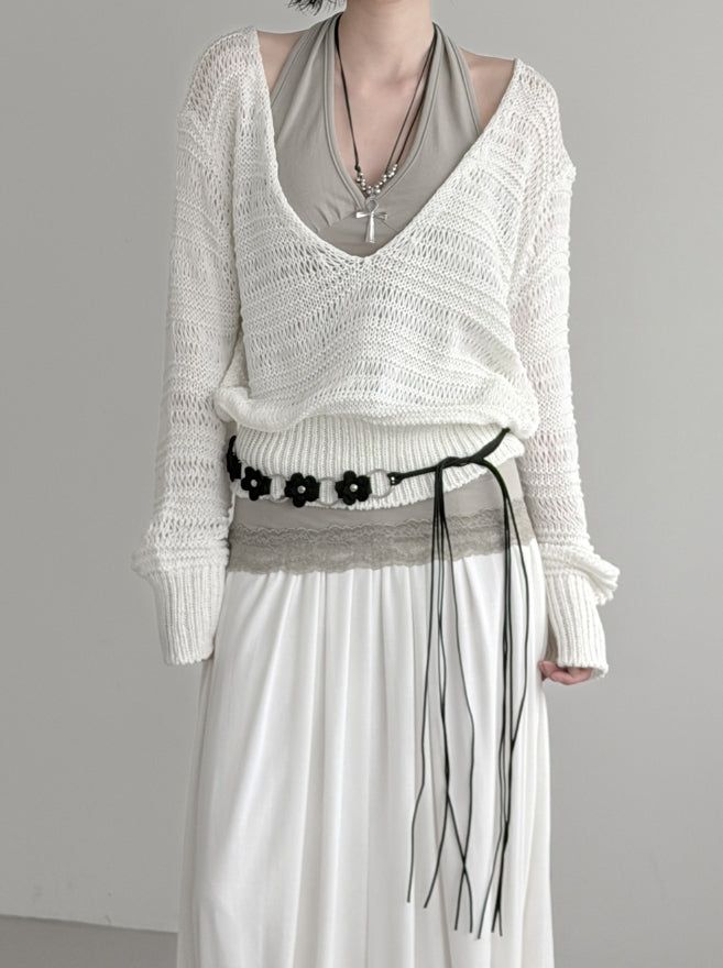 mnem（ムネム）の「Flobe Deep V-Neck Net Knit（Tops）」