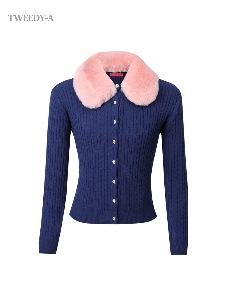 Cloud pink soft fur neck collar cable cardigan 2 colors