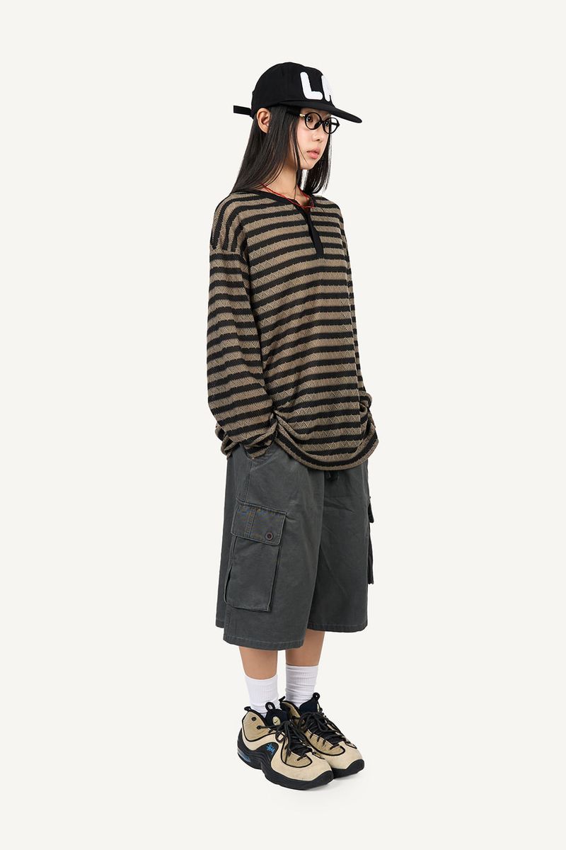 Striped Henley neck long sleeve knit