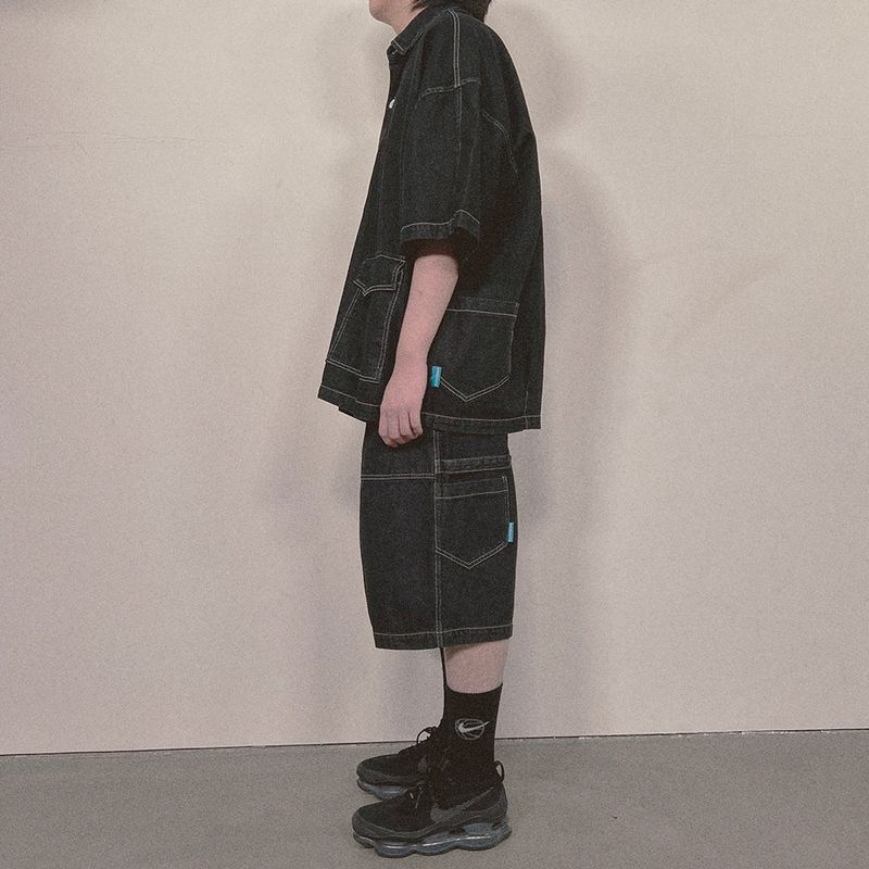 denim stitch shorts_black