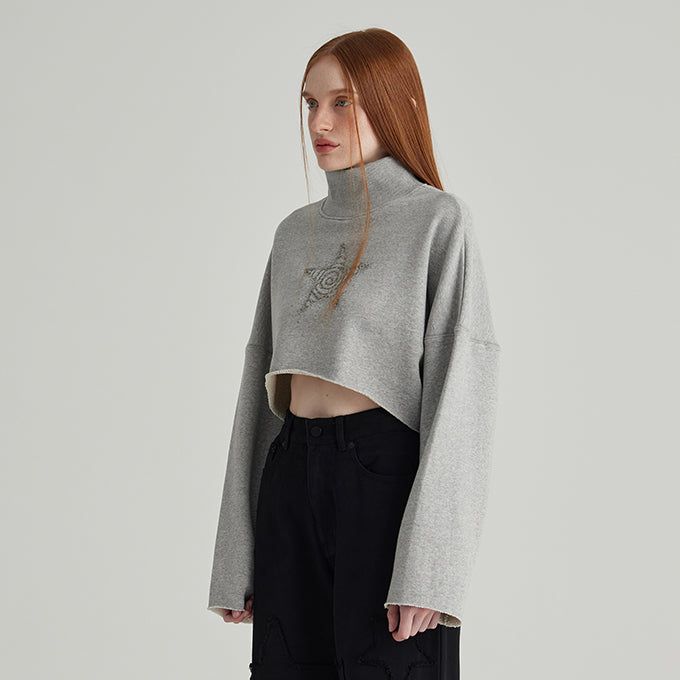 MELANGE GRAY TURTLENECK CROP SWEATSHIRT