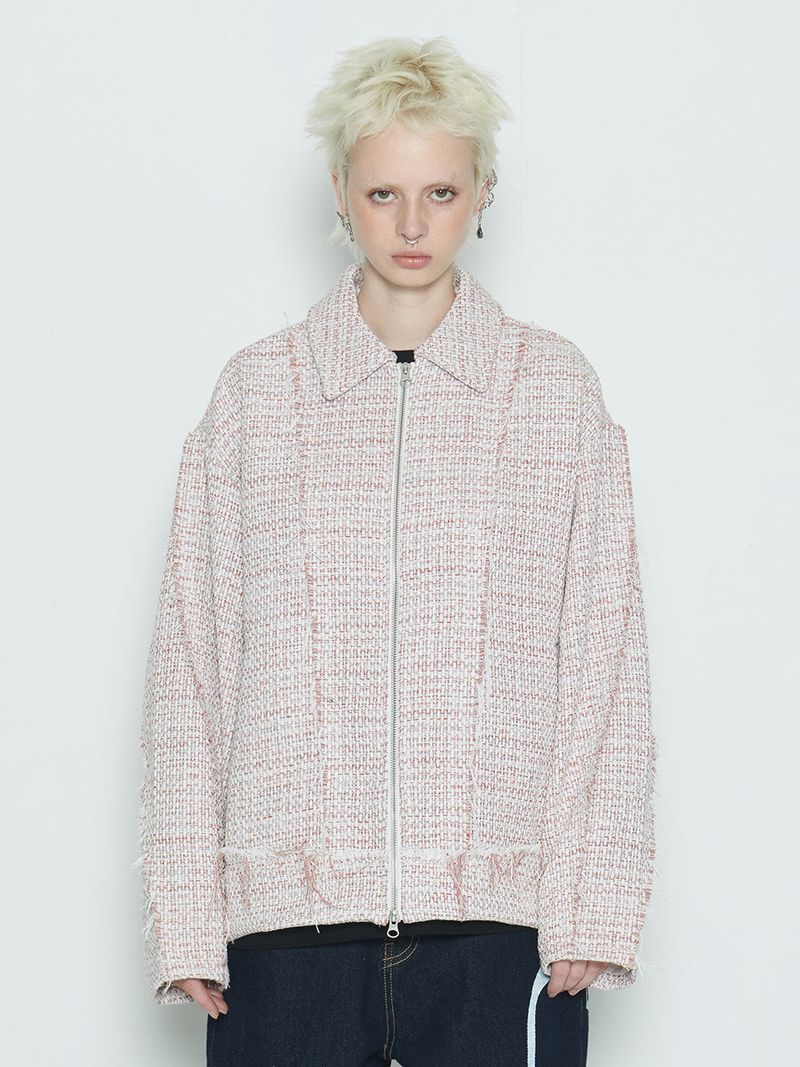 Sserpe（セルぺ）の「Raw Cut Detail Tweed Trucker Jacket Ivory & Red（Jackets/Outerwear）」