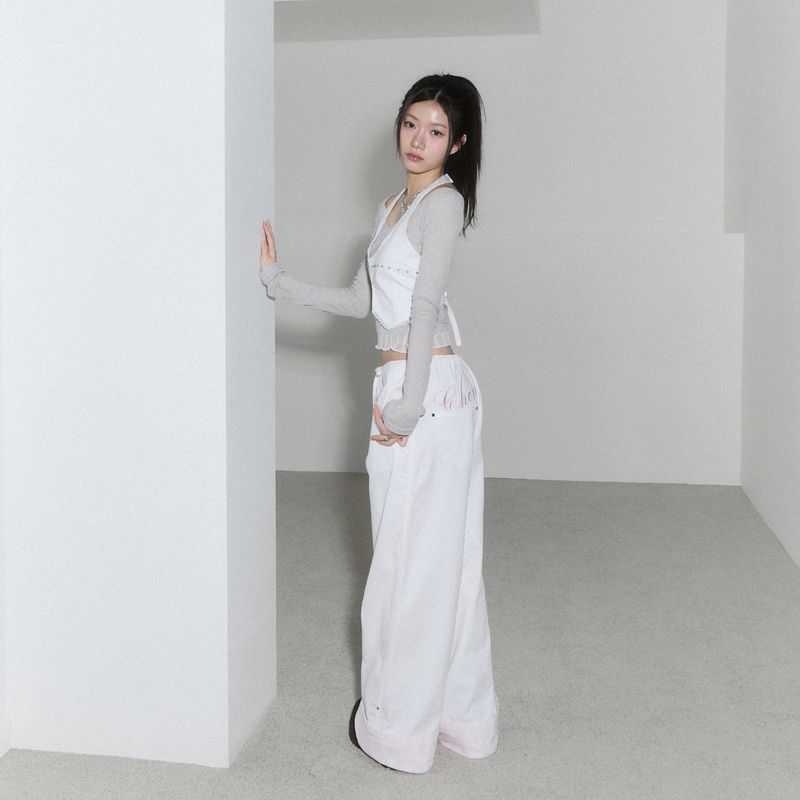 lace layered roll up denim - white