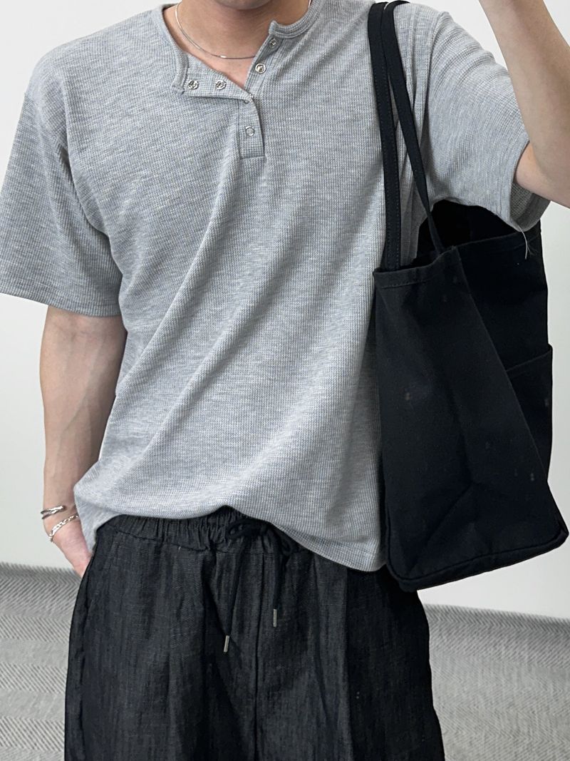 ワッフルヘンリーネックハーフTシャツ