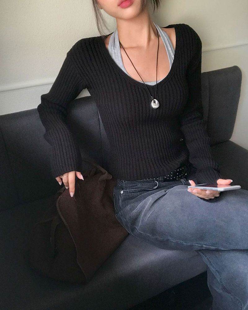 Yami Ribbed Deep V-Neck Knit