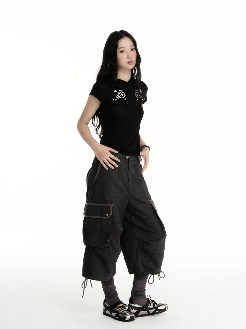 CONFUN Embroidered Silver Thread Patterned Split Design Semi-transparent Linen Fabric Tight-Fitting Hooded Short-Sleeved T-Shirt