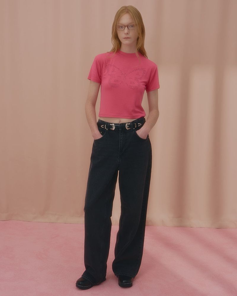 TEXT BUTTERFLY CROP TSHIRT-PINK