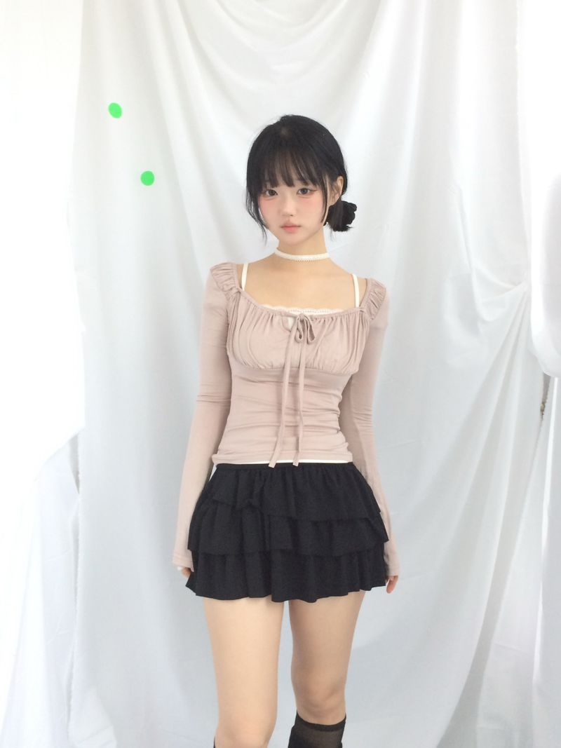 Slim Fit Ribbon Shirring Top