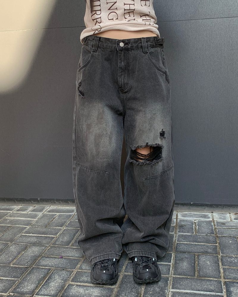 (Unisex) ボタンダメージデニムパンツ